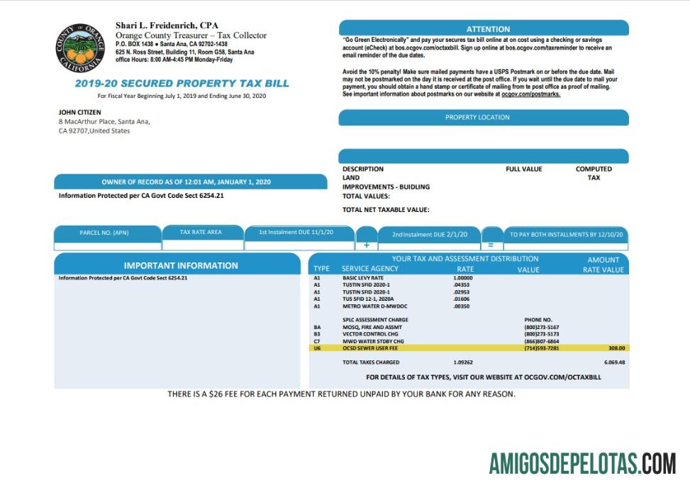 Berkualitas AS County of Orange California property pajak Tagihan templat in Word and PDF format