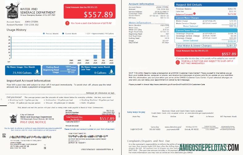 Realistis AS Detroit Air and Sewerage Department Tagihan Tagihan templat in Word and PDF format, 2 pages, versi 3