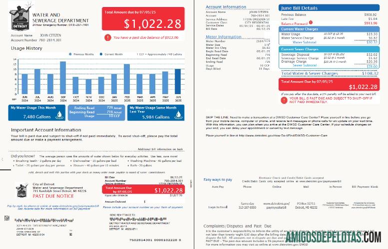 Premium AS Detroit Air and Sewerage Department Tagihan Tagihan templat in Word and PDF format, 2 pages, versi 4