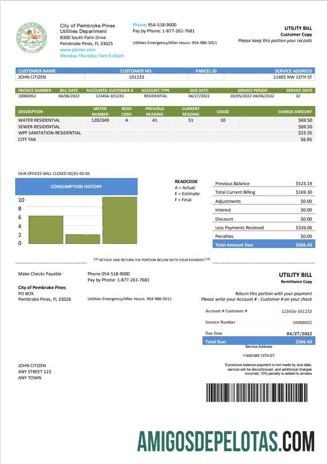 Premium AS Florida City of Pembroke Pines Utilities Department Tagihan Tagihan templat in Word and PDF format