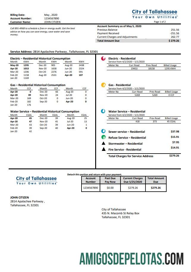 Profesional AS Florida City of Tallahassee Florida Your Own Utilities Tagihan templat in Word and PDF format