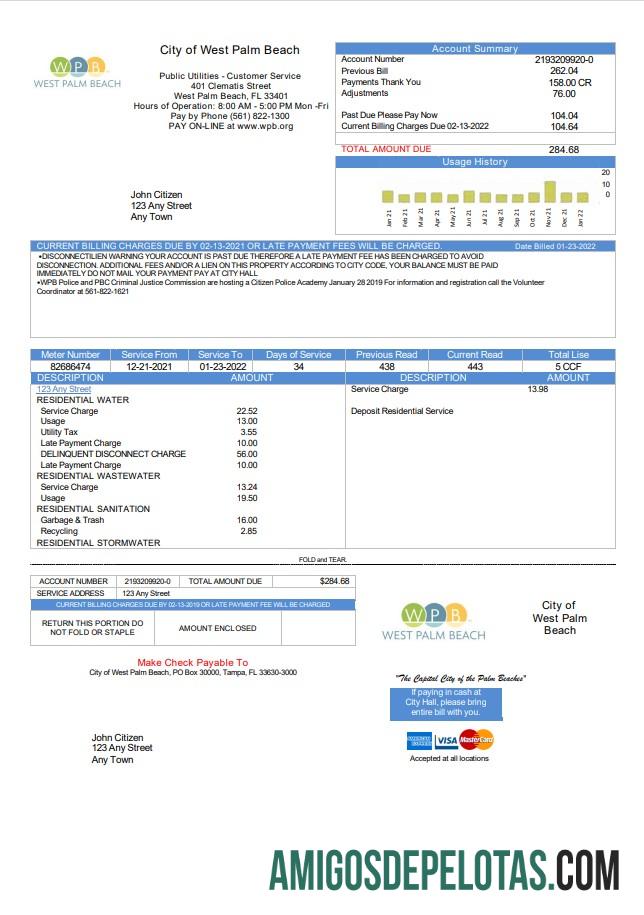 Realistis AS Florida City of West Palm Beach Tagihan Tagihan templat in Word and PDF format