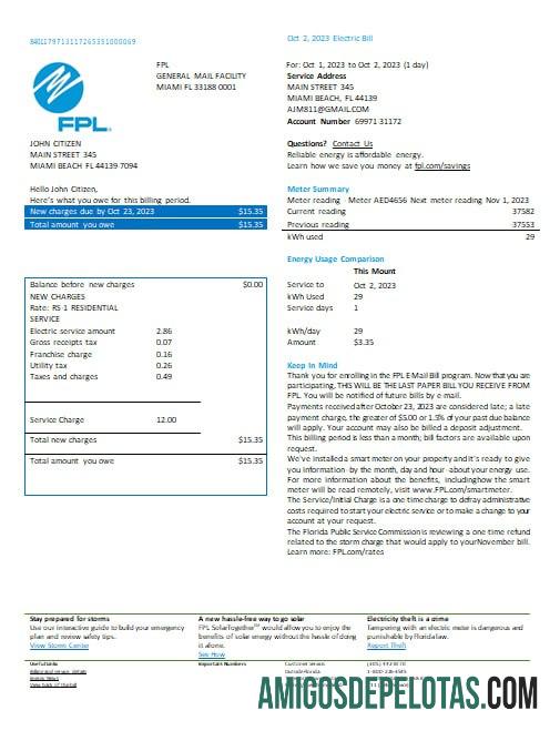 AS Florida FPL Listrik Tagihan Tagihan Word and PDF format, versi 2 sampel
