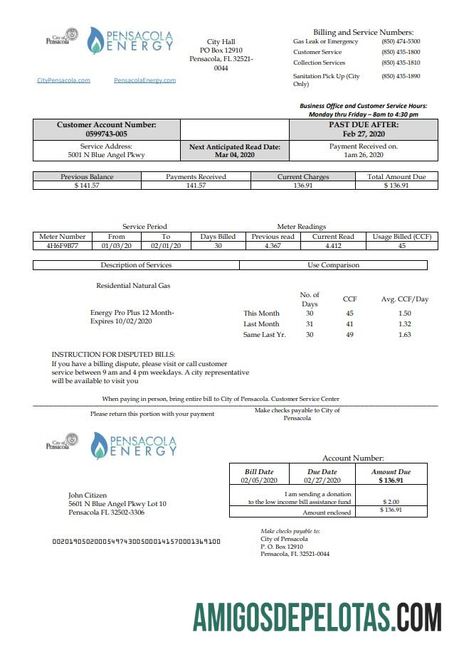 Dapat Diedit AS Florida Pensacola Energy Tagihan Tagihan templat in Word and PDF format