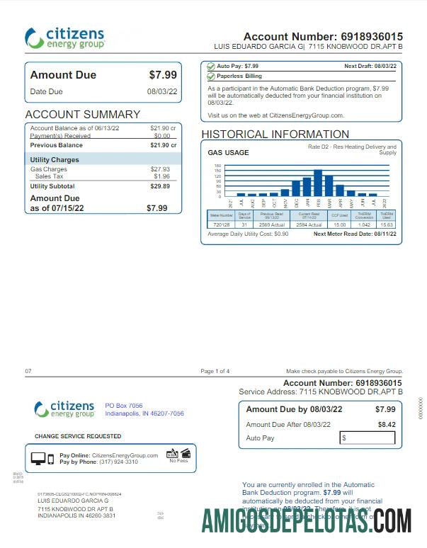 Premium AS INDIANAPOLIS CITIZENS ENERGY GROUP Tagihan Tagihan Word and PDF templat