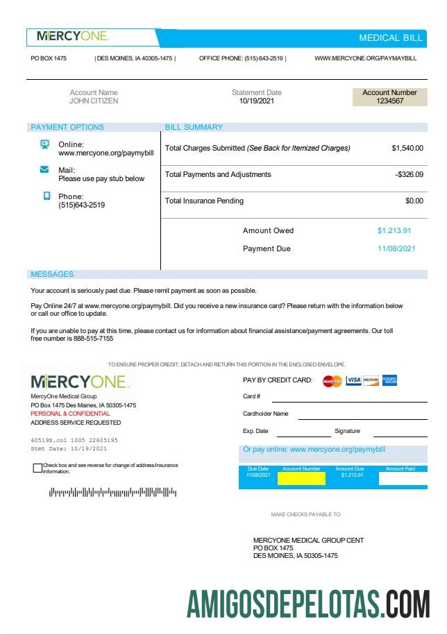 Dapat Diedit AS Iowa MercyOne medis Tagihan templat in Word and PDF format