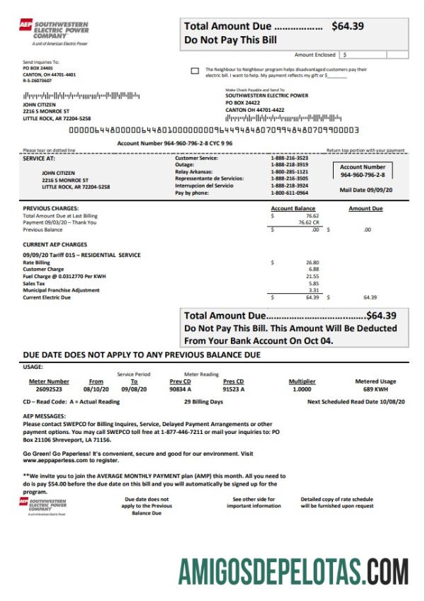 Dapat Diedit AS Louisiana AEP (Southwestern Electric Power Perusahaan) Listrik Tagihan Tagihan templat in Word and PDF format
