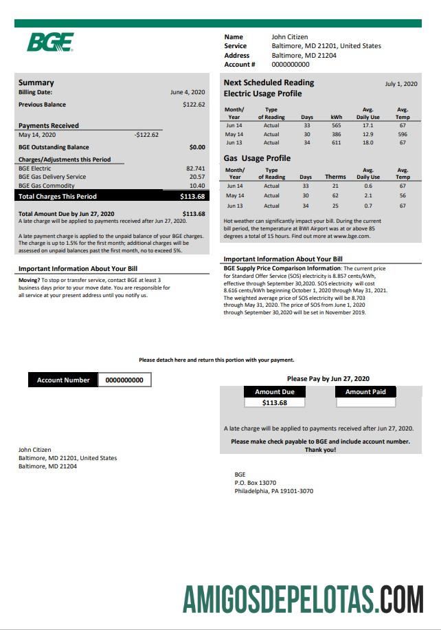 Premium AS Maryland BGE Gas and electric Tagihan Tagihan templat in Word and PDF format