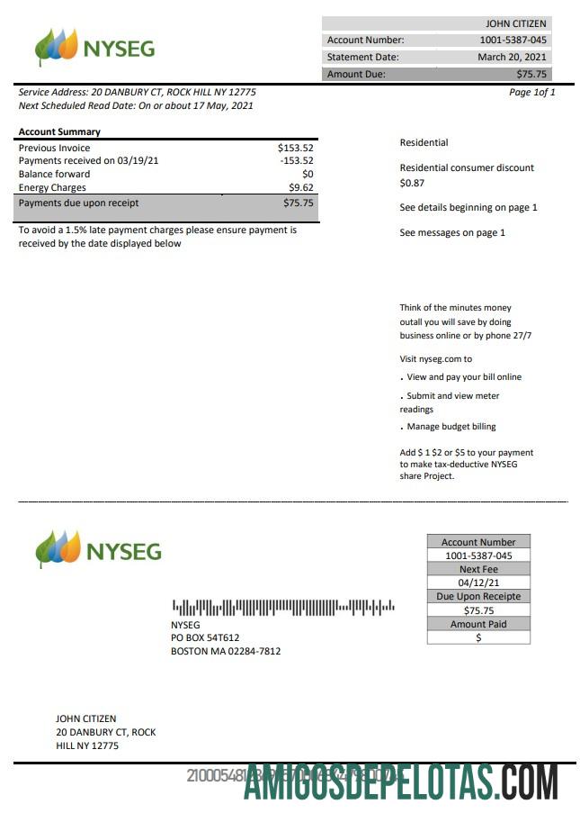 Dapat Diedit AS Massachusetts Boston NYSEG Listrik Tagihan Tagihan templat in Word and PDF format