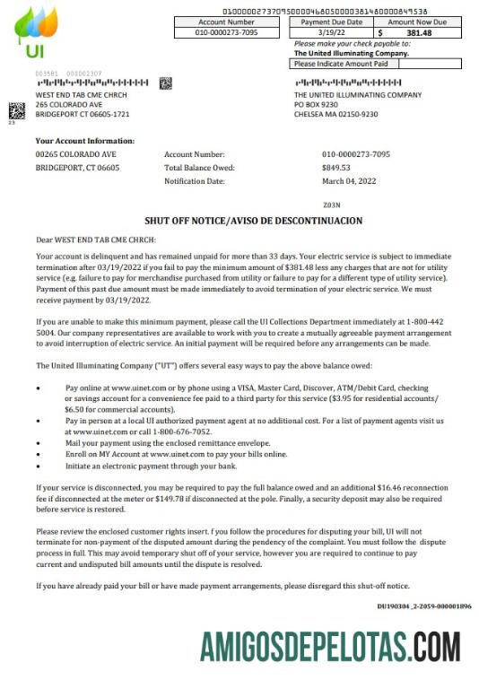 Dapat Diedit AS Massachusetts Chelsea The United Illuminating Perusahaan Tagihan Tagihan shutoff notice, Word and PDF templat