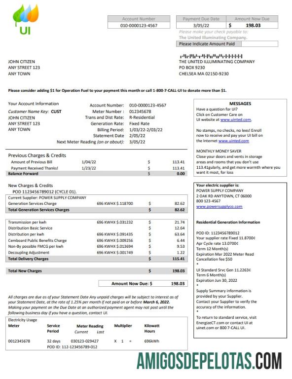 Berkualitas AS Massachusetts Chelsea UI The United Illuminating Perusahaan Tagihan Tagihan Word and PDF templat