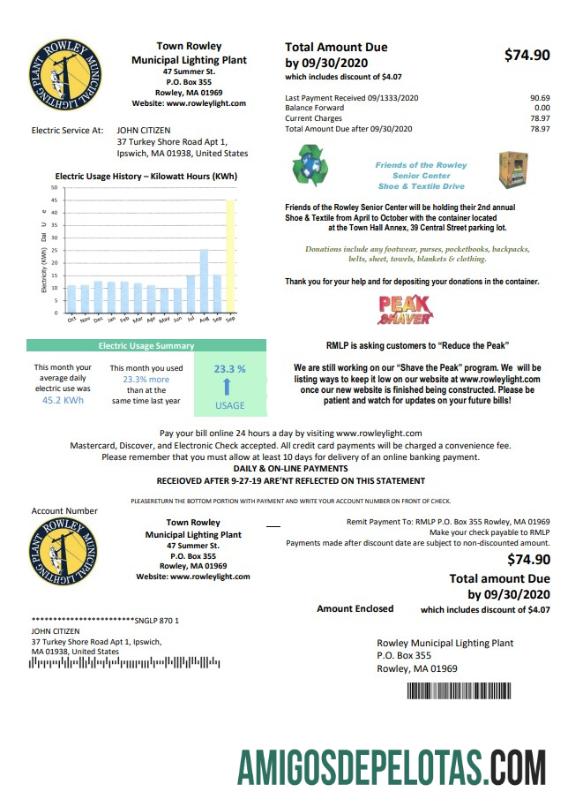Profesional AS Massachusetts Town of Rowley Municipal Lighting Plant Listrik Tagihan Tagihan templat in Word and PDF format