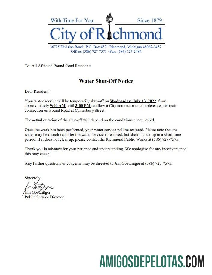 Berkualitas AS Michigan City of Richmond Air Tagihan Tagihan shutoff notice, Word and PDF templat