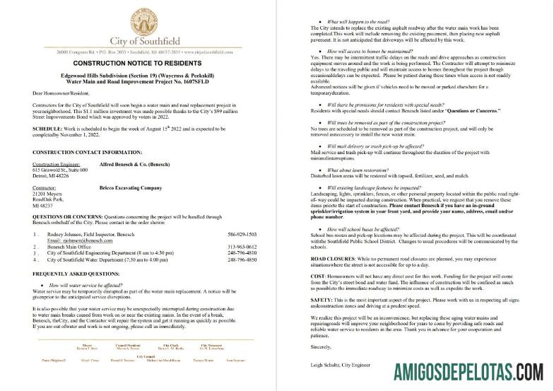 Berkualitas AS Michigan City of Southfield Tagihan Air and construction shut off notice, Word and PDF templat, 3 pages 1 2
