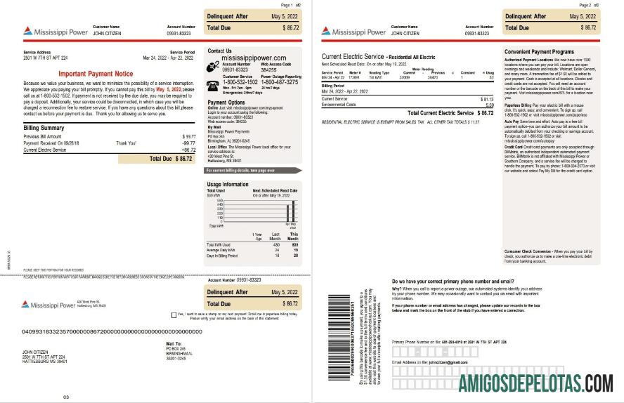 Realistis AS Mississippi Power Tagihan Tagihan, Word and PDF templat, 2 pages