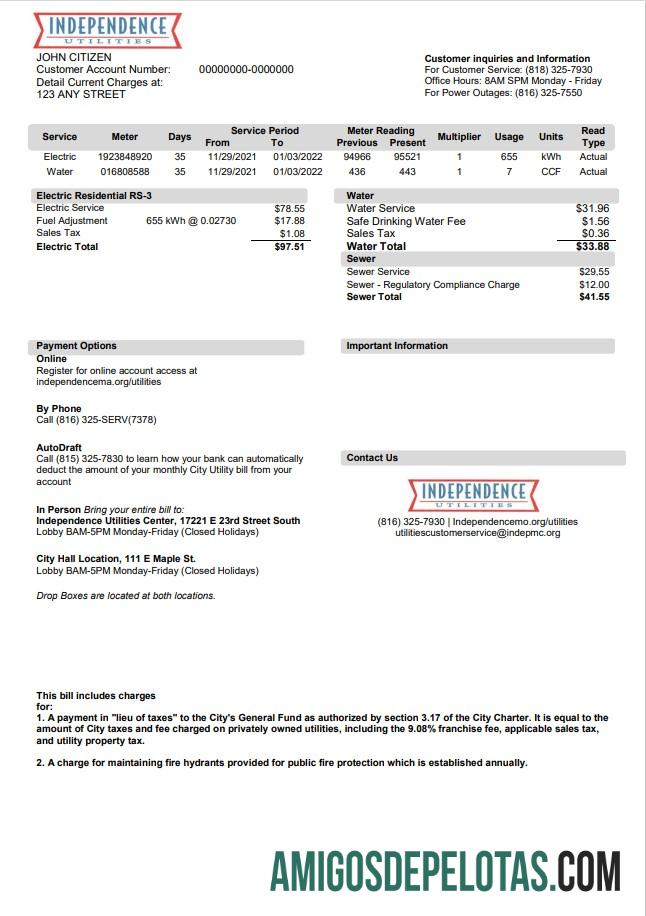 Profesional AS Missouri Independence Utilities Tagihan Tagihan templat in Word and PDF format, versi 2