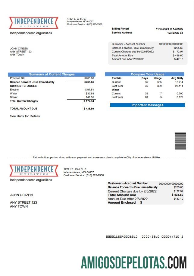 Dapat Diedit AS Missouri Independence Utilities Tagihan Tagihan templat in Word and PDF format