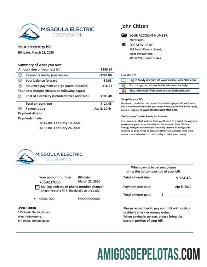 Realistis AS Montana Missoula Electric Cooperative Listrik Tagihan Tagihan templat in Word and PDF format