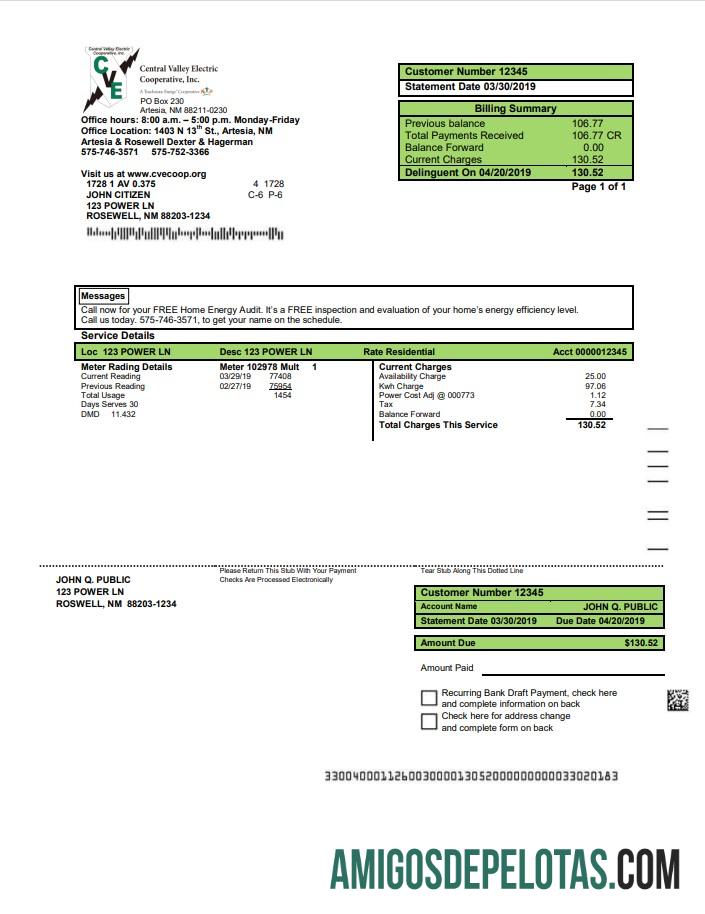Premium AS Baru Meksiko Listrik proof of address Tagihan Tagihan templat in Word and PDF format