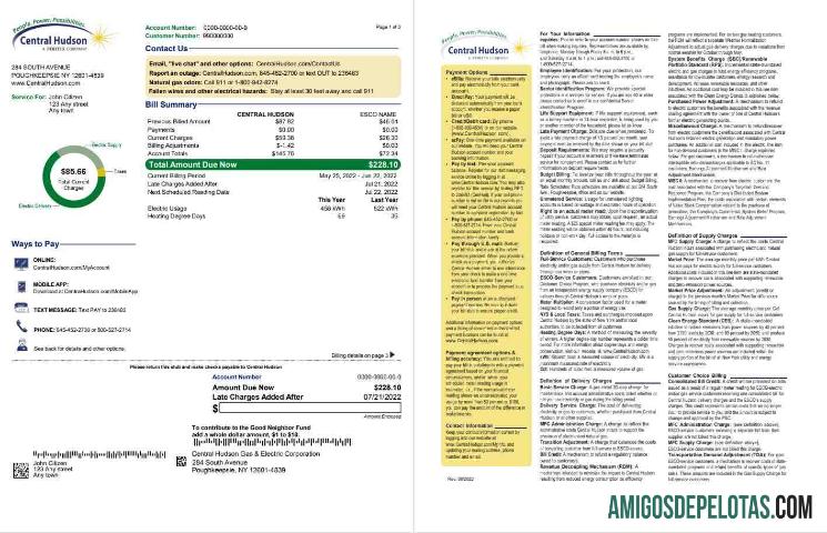 Dapat Diedit AS Baru York Central Hudson A fortis Perusahaan Tagihan Tagihan, Word and PDF templat, 3 pages 1 2