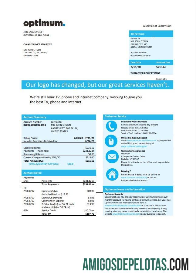 Profesional AS Baru York Optimum cablevision Tagihan templat in Word and PDF format