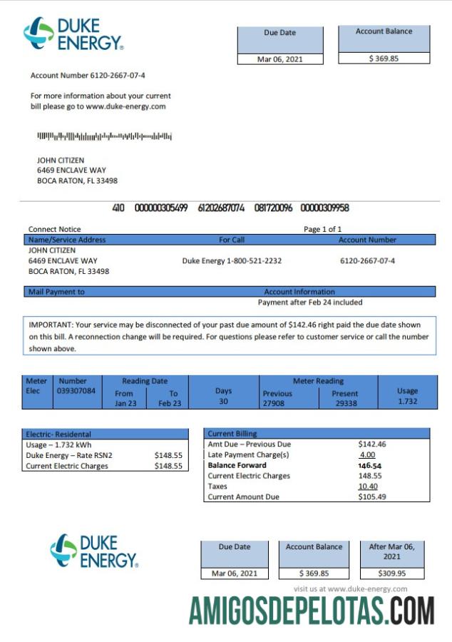 Dapat Diedit AS North Carolina Duke Energy Tagihan Tagihan templat in Word and PDF format