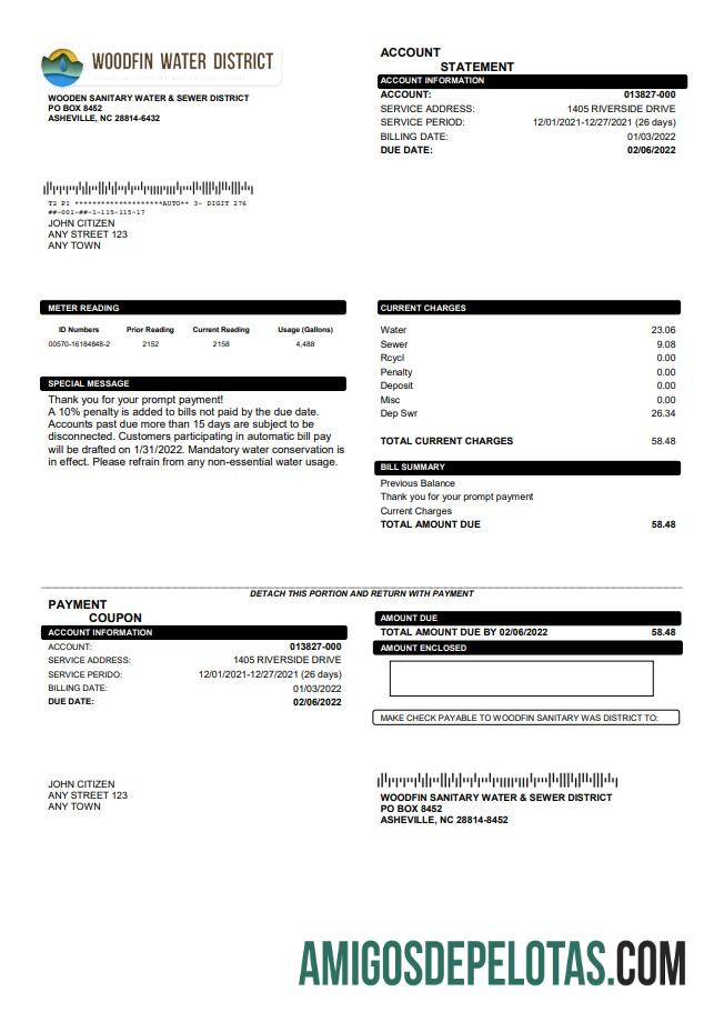 Profesional AS North Carolina Woodfin Sanitary Air & Sewer District Tagihan Tagihan templat in Word and PDF format