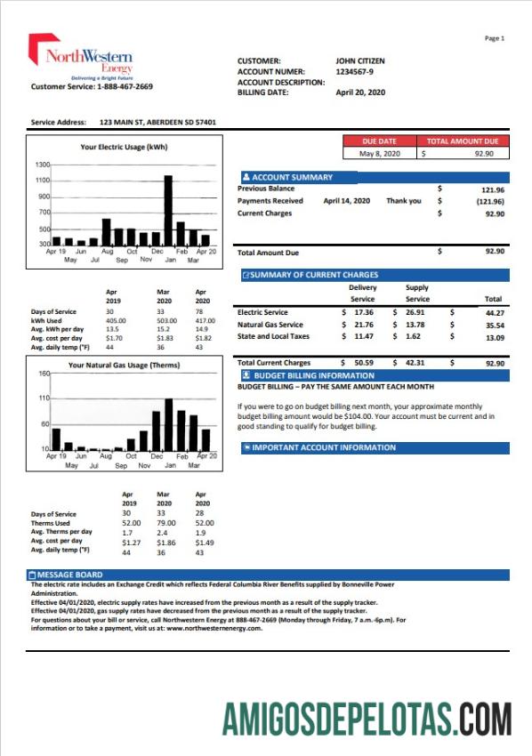 Dapat Diedit AS NorthWestern Energy Tagihan Tagihan templat in Word and PDF format, versi 1