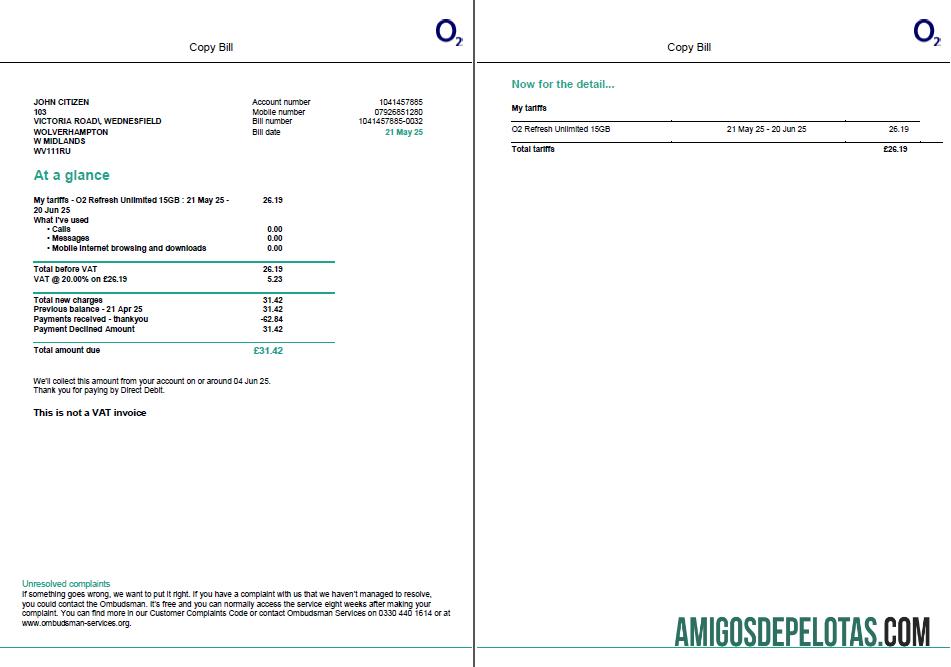 Realistis AS O2 Tagihan Tagihan templat in Word and PDF format, 2 pages, versi 2