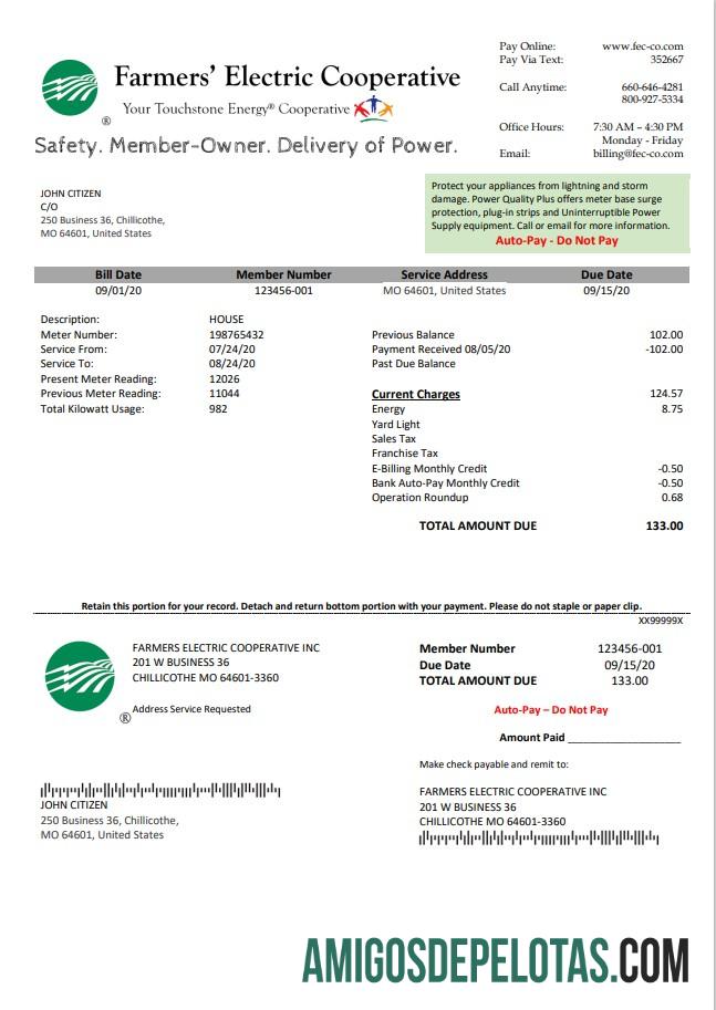 Berkualitas AS Ohio FarmerΓÇÖs Electric Cooperative Tagihan Tagihan templat in Word an PDF format