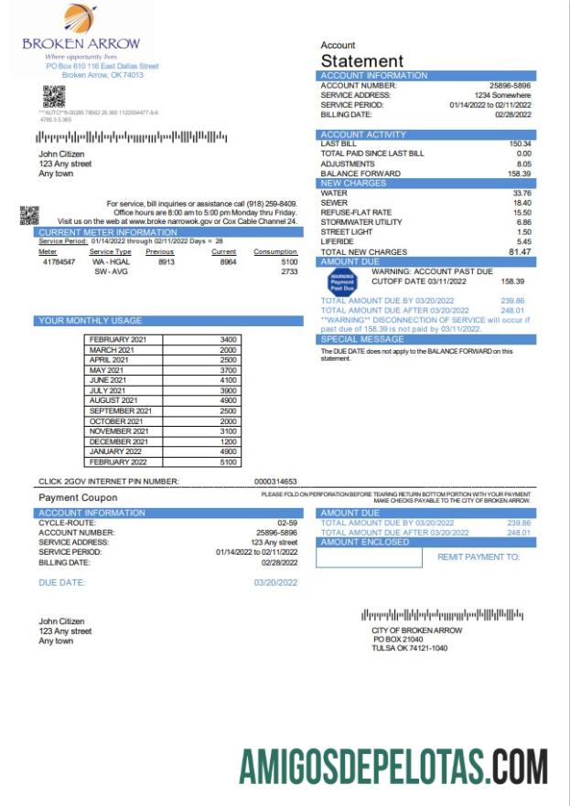 Dapat Diedit AS Oklahoma City of Broken Arrow Tagihan Tagihan templat in Word and PDF format
