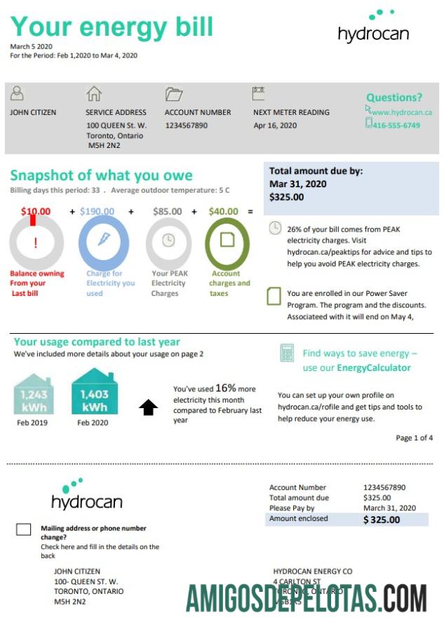 Realistis AS Ontario Hydrocan Listrik Tagihan Tagihan templat in Word and PDF format