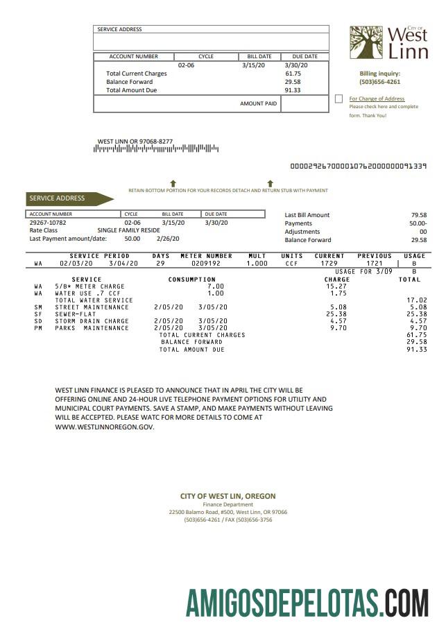 Realistis AS Oregon City of West Linn Tagihan Tagihan templat in Word and PDF format