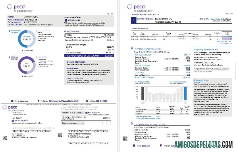 AS Pennsylvania PECO electric and Gas Tagihan Tagihan, 3 pages pratinjau