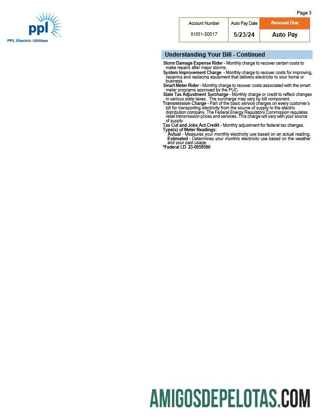 AS Pennsylvania PPL electric Tagihan Tagihan, 3 pages 2 pratinjau