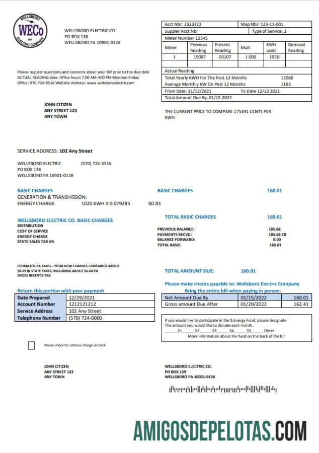 Realistis AS Pennsylvania Wellsboro Electric Tagihan Tagihan templat in Word and PDF format