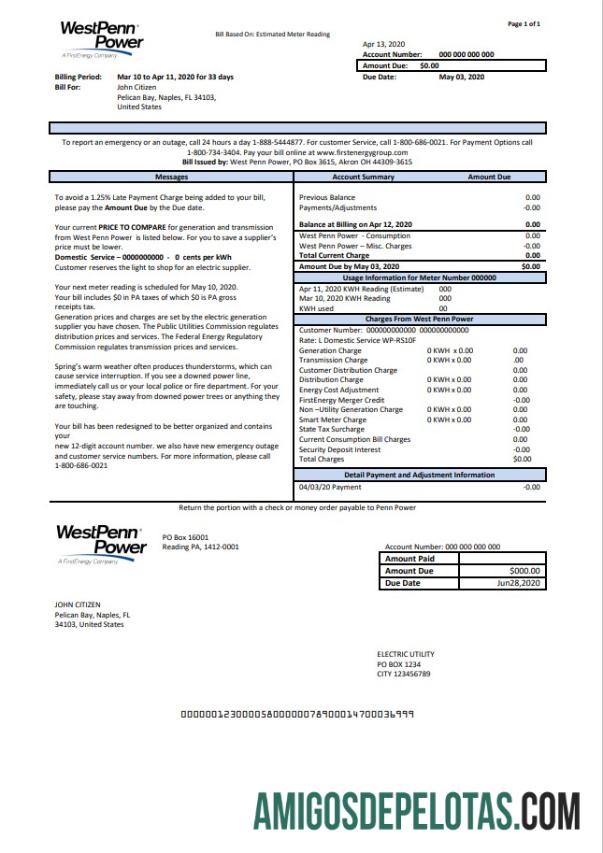 Premium AS Pennsylvania West Penn Power Tagihan Tagihan templat in Word and PDF format