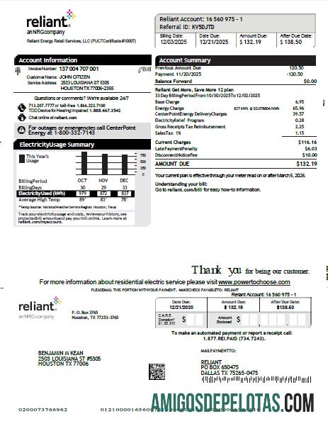Realistis AS Reliant Energy Tagihan Tagihan templat in Word and PDF format, versi 2
