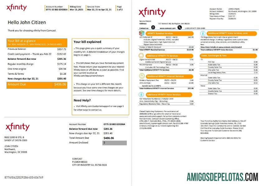 Realistis AS San Francisco Xfinity Comcast Tagihan Tagihan templat in Word and PDF format (2 pages)