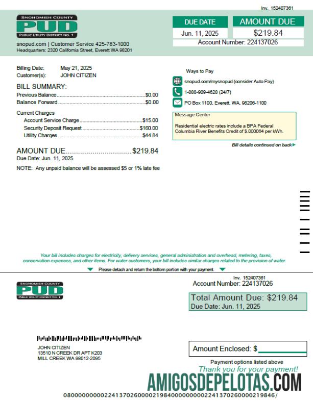 Profesional AS Snohomish County PUD Tagihan Tagihan templat in Word and PDF format