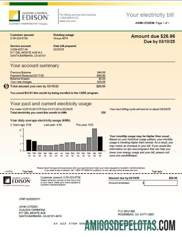 Dapat Diedit AS Southern California Edison Tagihan Tagihan templat in Word and PDF format, versi 2