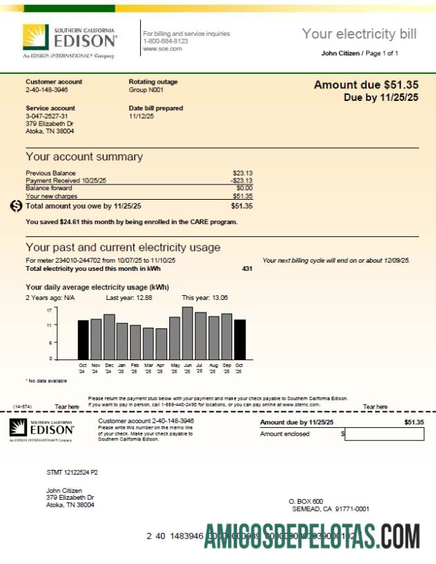 Realistis AS Southern California Edison Tagihan Tagihan templat in Word and PDF format, versi 3