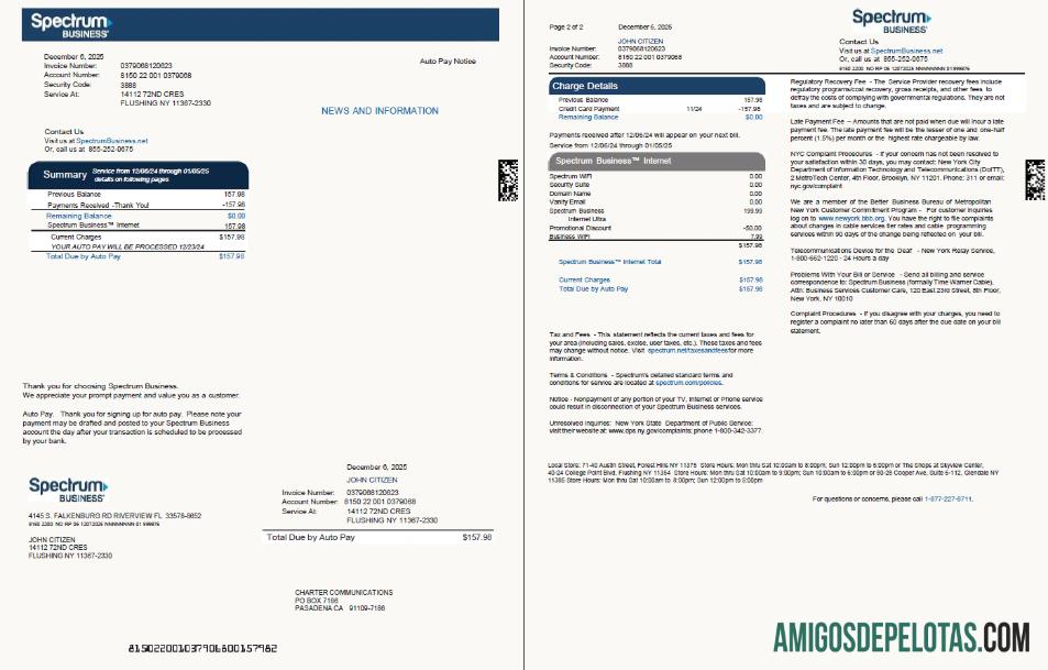 Realistis AS Spectrum bisnis Tagihan Tagihan templat in Word and PDF format, 2 pages, versi 2