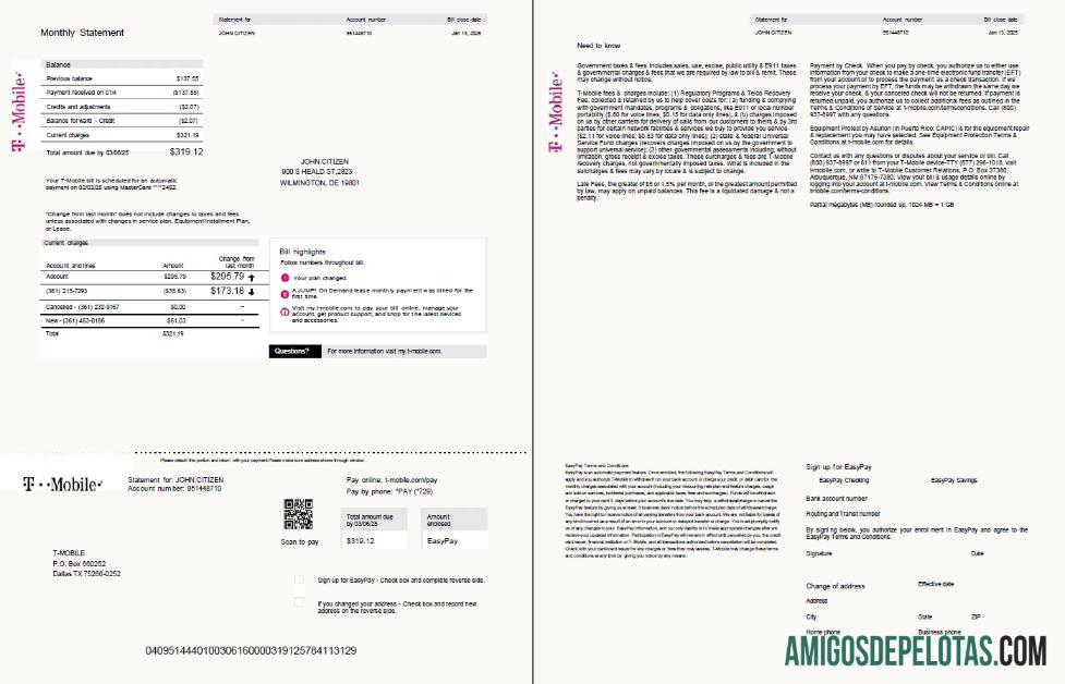 Dapat Diedit AS T mobile Tagihan Tagihan templat in Word and PDF format, 2 pages, versi 2