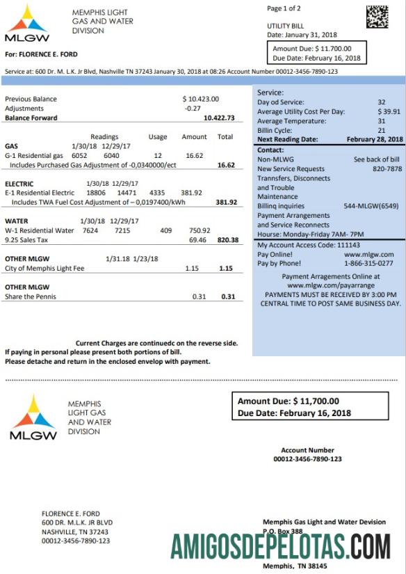 Premium AS Tennessee MLGW Tagihan Tagihan templat in Word and PDF format