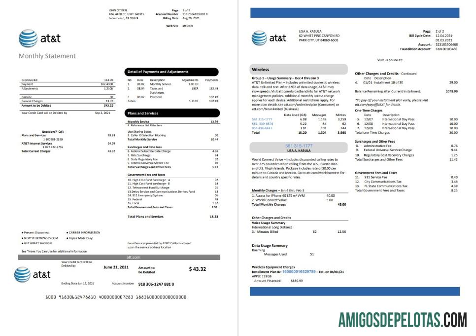 Premium AS Texas AT&T telecommunications Tagihan Tagihan templat in Word and PDF format (2 pages)