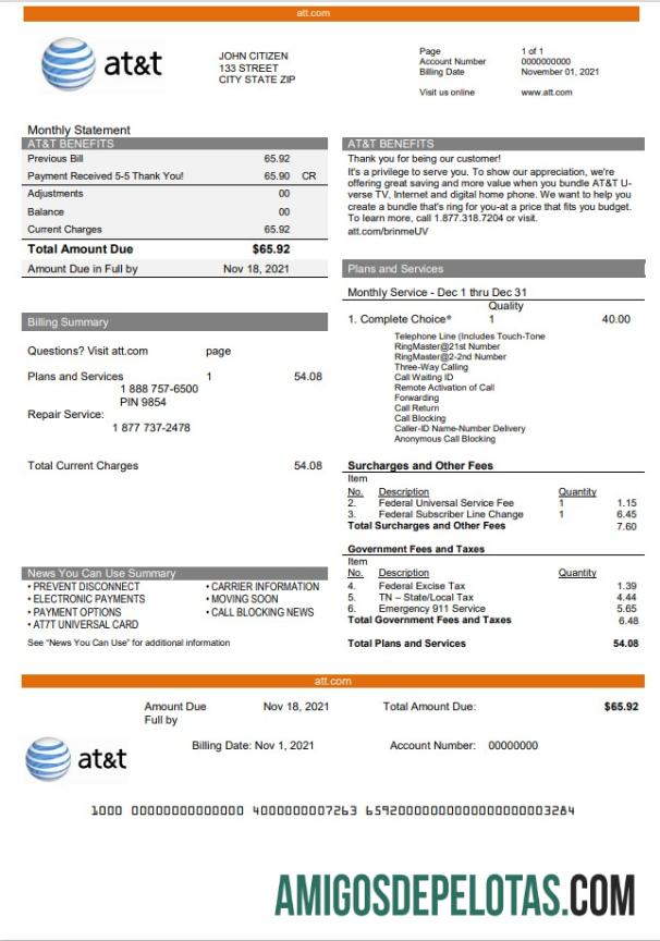 Dapat Diedit AS Texas AT&T telecommunications Tagihan Tagihan templat in Word and PDF format