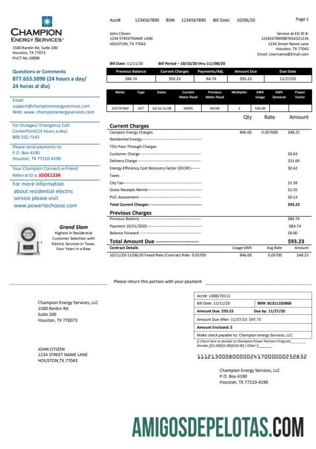 Berkualitas AS Texas Champion Energy Services proof of address Tagihan Tagihan templat in Word and PDF format