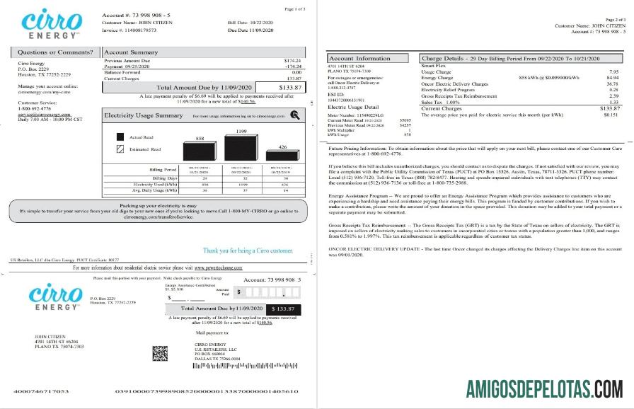 Realistis AS Texas Cirro Energy Tagihan Tagihan templat in Word and PDF format (3 pages) 1 2