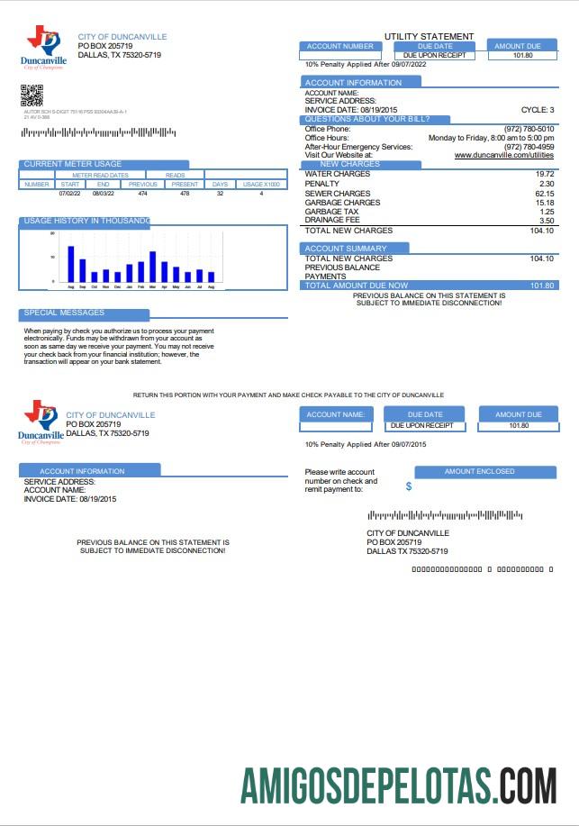 Profesional AS Texas City of Duncanville Tagihan Tagihan templat in Word and PDF format